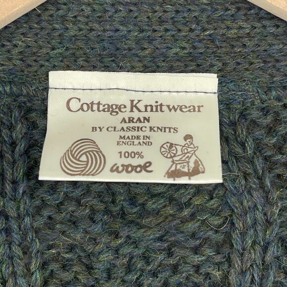 COTTAGE KNITWEAR Sweater Mens L Wool Aran Cable Button Up Cardigan Green - Picture 5 of 14